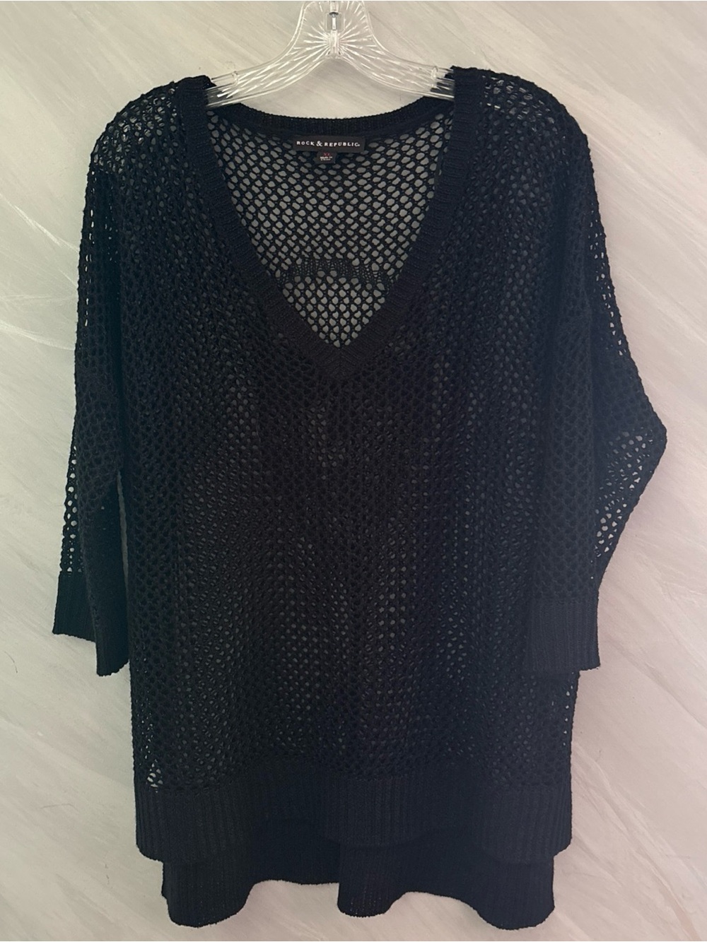 Black XL Open Knit 3/4 Sleeve Hi-Low Hem w/ Skull On Back Sweater Gothic